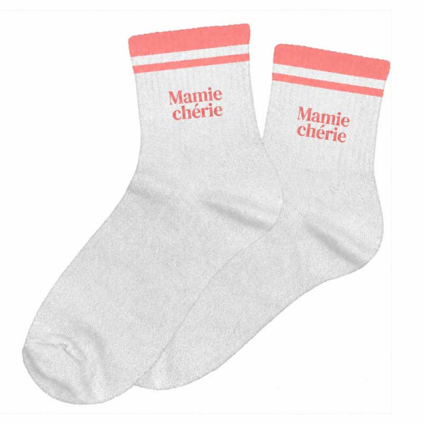 photo-Chaussettes - Femme - Beige avec paillettes avec bandes corail - Mamie chérie - Taille 36/42