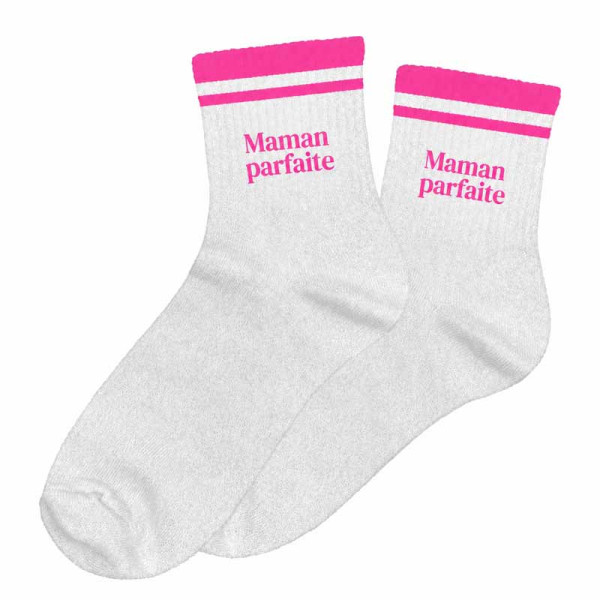 photo-Chaussettes - Femme - Beige avec paillettes avec bandes rose - Maman parfaite - Taille 36/42