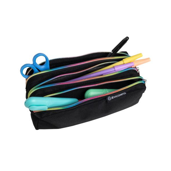 Trousse - Grand format - 3 compartiments - Noir/Arc-en-ciel - 22,5x8x10cm - Scolaire
