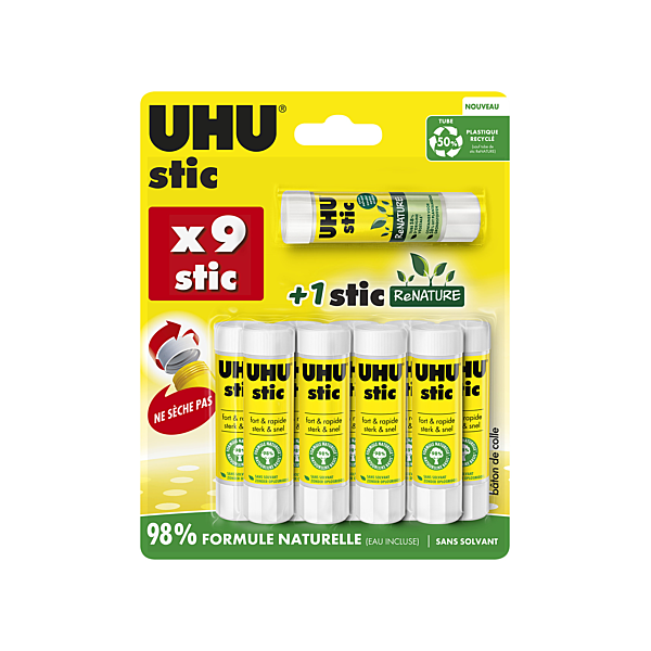 photo-Bâtons de colle - UHU - Blanche - 8,5g - 9 tubes + 1 gratuit - Scolaire - Formule naturelle