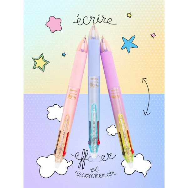 Stylo 4 couleurs - Frixion Ball - Encre gel effaçable - Pointe fine - Corps dégradé rose