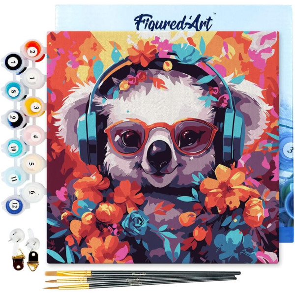 photo-Peinture par numéro - Modèle Koala - 20x20cm - Toile tendue + pinceaux + peinture - Débutant - Figured'Art