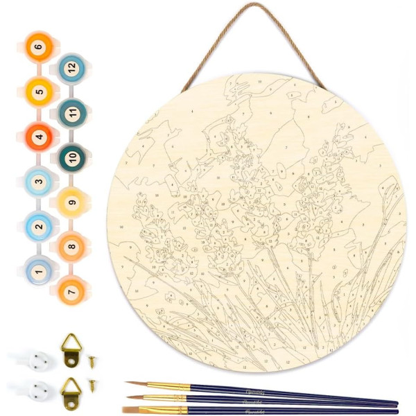 Peinture par numéro - Modèle lavande - 30cm diamètre - Support bois + pinceaux + peinture - Débutant - Figured'Art