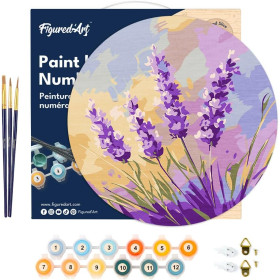Peinture par numéro - Modèle lavande - 30cm diamètre - Support bois + pinceaux + peinture - Débutant - Figured'Art