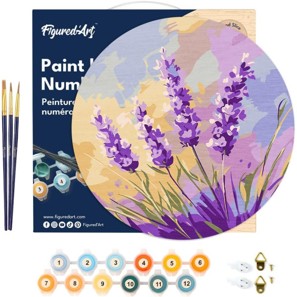 Peinture par numéro - Modèle lavande - 30cm diamètre - Support bois + pinceaux + peinture - Débutant - Figured'Art