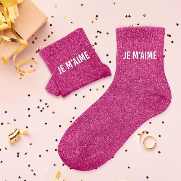 Chaussettes - Femme - Rose avec paillettes - Je m'aime - Taille 36/42 - Humour - Cadeau