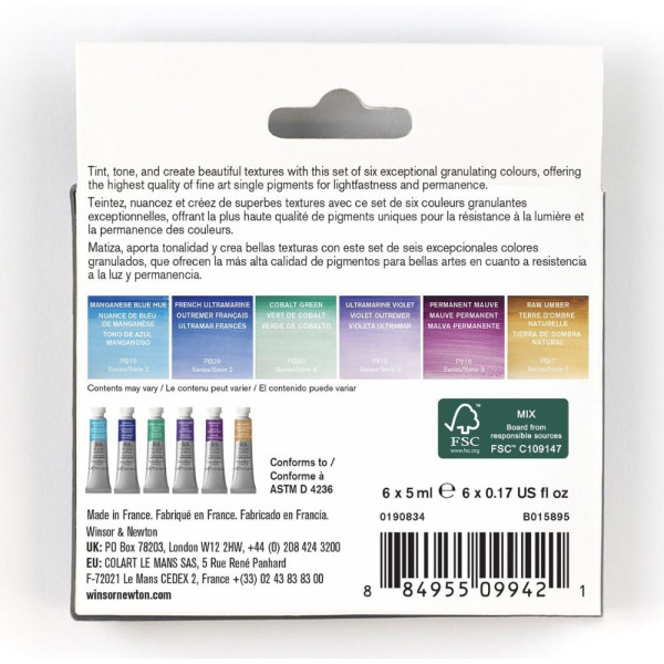 Peinture aquarelle - 6 couleurs granulantes - Winsor et Newton - 6 tubes de 5ml