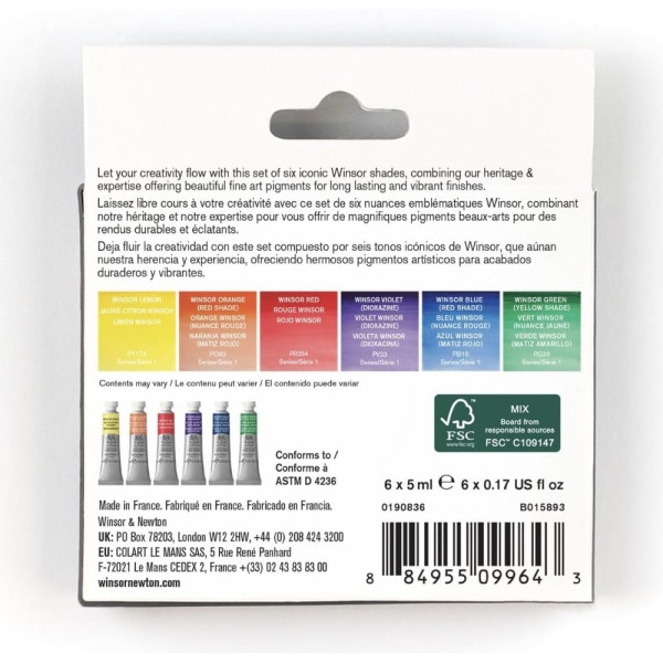 Peinture aquarelle - 6 couleurs winsor - Winsor et Newton - 6 tubes de 5ml