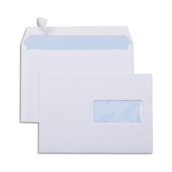 500 enveloppes blanches - C5 - 162x229mm - Avec fenêtre 45x100mm - Bande adhésive - GPV