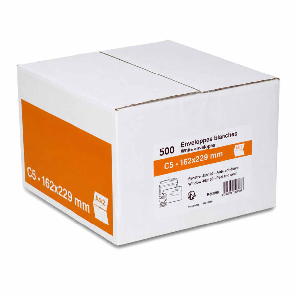 500 enveloppes blanches - C5 - 162x229mm - Avec fenêtre 45x100mm - Bande adhésive - GPV
