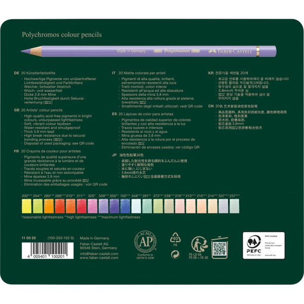 Crayons de couleur - Faber-Castell - Polychromos - 20 teintes - Boite métal