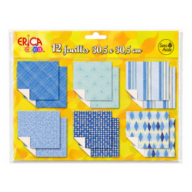 photo-Feuilles de papier -  Scrapbooking – Assortiment 12 feuilles – 30,5 x 30,5 cm – Tons bleus