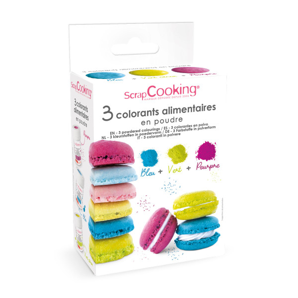 photo-Coffret 3 colorants alimentaires en poudre ScrapCooking 15 g – Bleu, vert citron et pourpre
