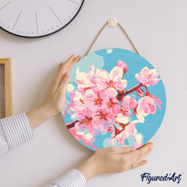 Peinture par numéros Figured’Art Fleurs de cerisier – disque en bois 30 cm