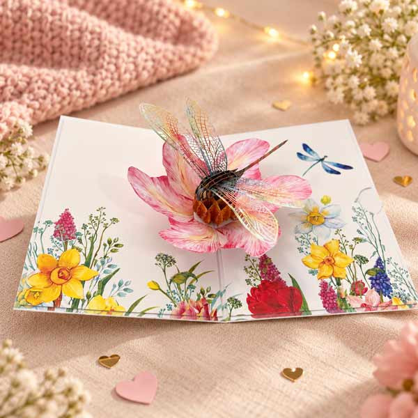 photo-Carte 3D pop-up anniversaire et vœux - Libellule et fleur - 12 x 17 cm