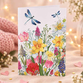 Carte 3D pop-up anniversaire et vœux - Libellule et fleur - 12 x 17 cm