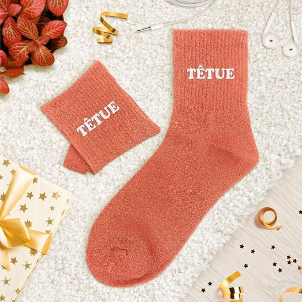 Chaussettes à paillettes orange tuftées « Têtue » – Pointure 36-42 – STC