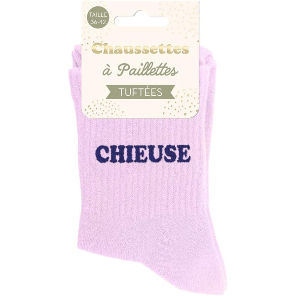 Chaussettes à paillettes violettes tuftées « Chieuse » – Pointure 36-42 – STC