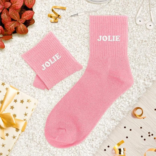Chaussettes à paillettes roses tuftées « JOLIE » – Pointure 36-42 – STC