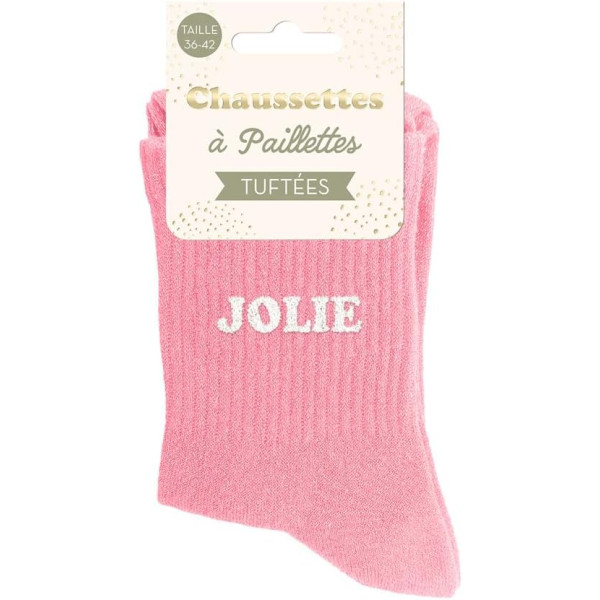Chaussettes à paillettes roses tuftées « JOLIE » – Pointure 36-42 – STC