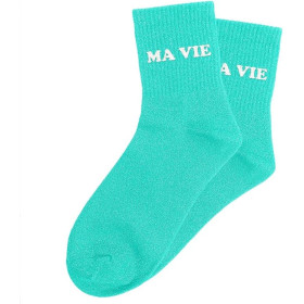 Chaussettes à paillettes turquoises tuftées « MA VIE » – Pointure 36-42 – STC
