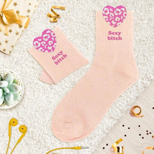 Chaussettes à paillettes roses tuftées « Sexy bitch » – Pointure 36-42 – STC