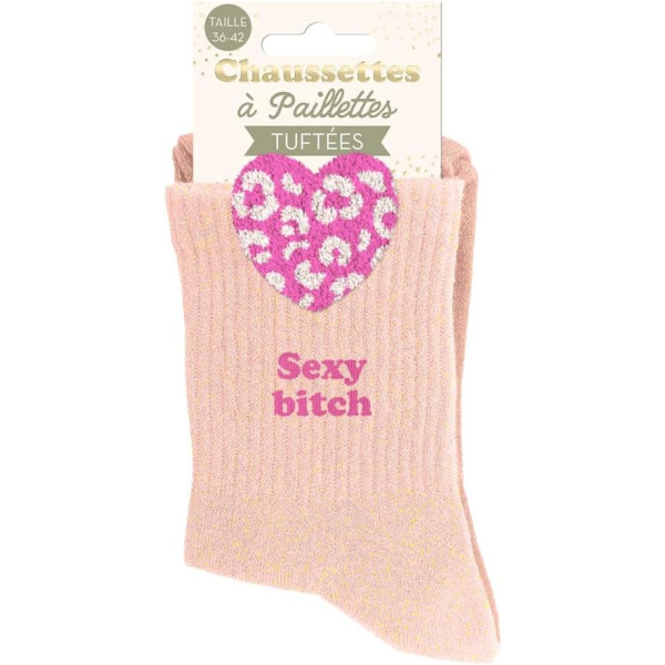 Chaussettes à paillettes roses tuftées « Sexy bitch » – Pointure 36-42 – STC