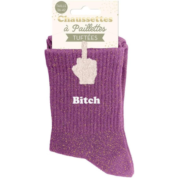 Chaussettes à paillettes violettes tuftées « Bitch » – Pointure 36-42 – STC