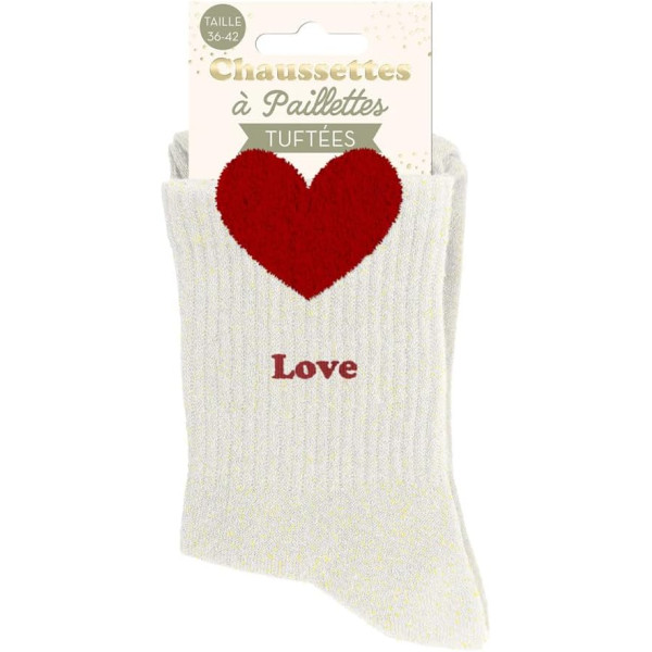 Chaussettes à paillettes beiges tuftées « LOVE » – Pointure 36-42 – STC