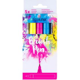 Coffret Ecoline Primary de 5 Brush Pens Royal Talens avec trois couleurs de base, un noir et un blender.