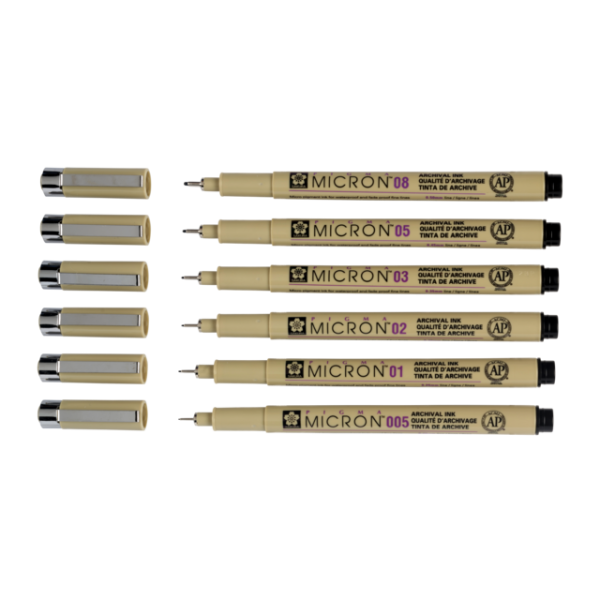 Lot de 6 fineliners noirs Sakura Pigma Micron – tailles 005 à 08