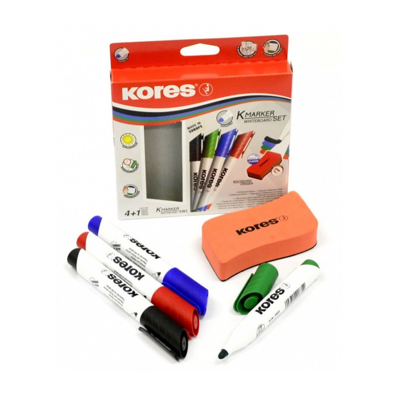 4 Marqueurs Effaçables À Sec - Pointe Ogive - 1 Éponge Pour Tableau Blanc - Kores | à seulement 4,99 €