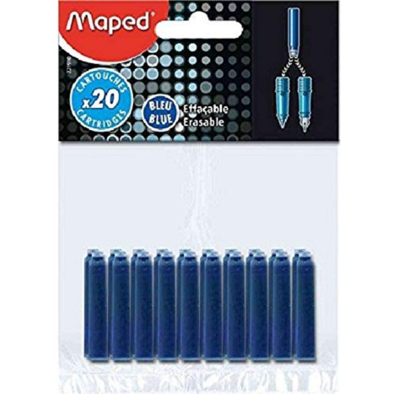 photo-Cartouches d'encre - Courtes - Bleue - Effaçable - Pour stylo roller et plume - Sachet de 20 pièces