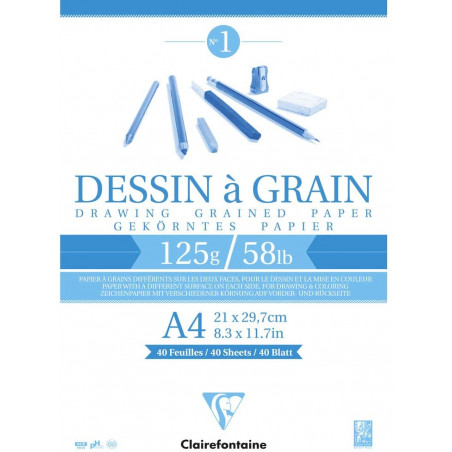 Bloc Dessin A Grain Colle A4 - 125G - 40 Feuilles - Clairefontaine pas cher