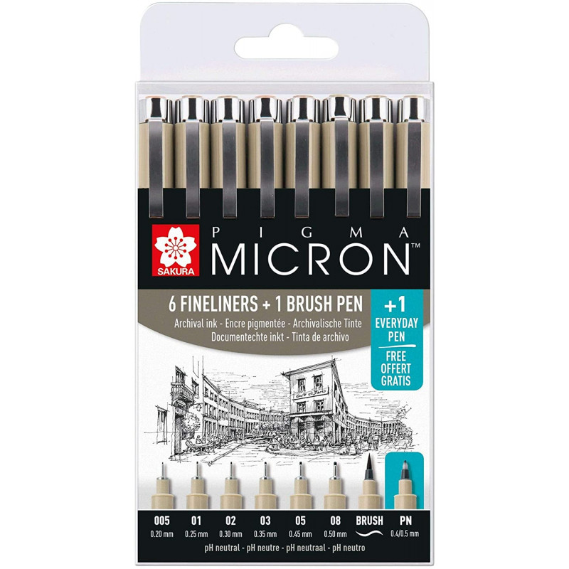 Etui De 6 Feutres Pigma Micron Noir + 1 Feutre Brush Sakura pas cher-16435