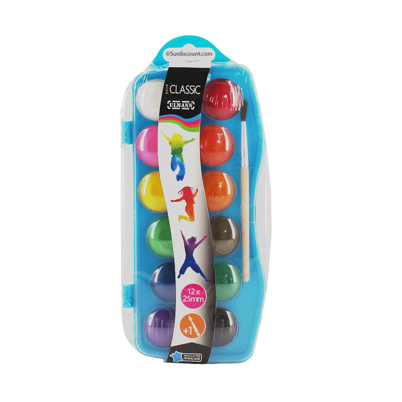 PHOTO-Boîte de 12 pastilles de peinture à l'eau - Pinceau + palette inclus - Scolaire