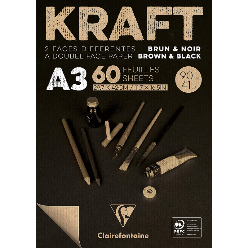 Bloc Kraft Noir A3 - 60 Feuilles - 90G - Clairefontaine pas cher