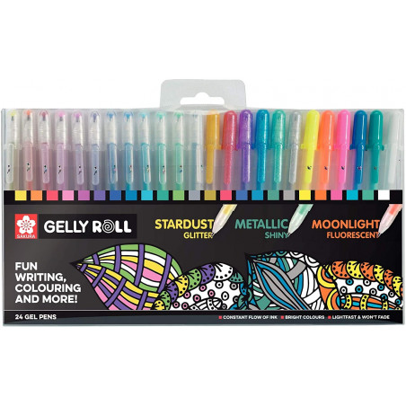 photo-24 stylos - Encre gel métallisé et fluo - Sakura Gelly Roll - Couleurs clair de lune