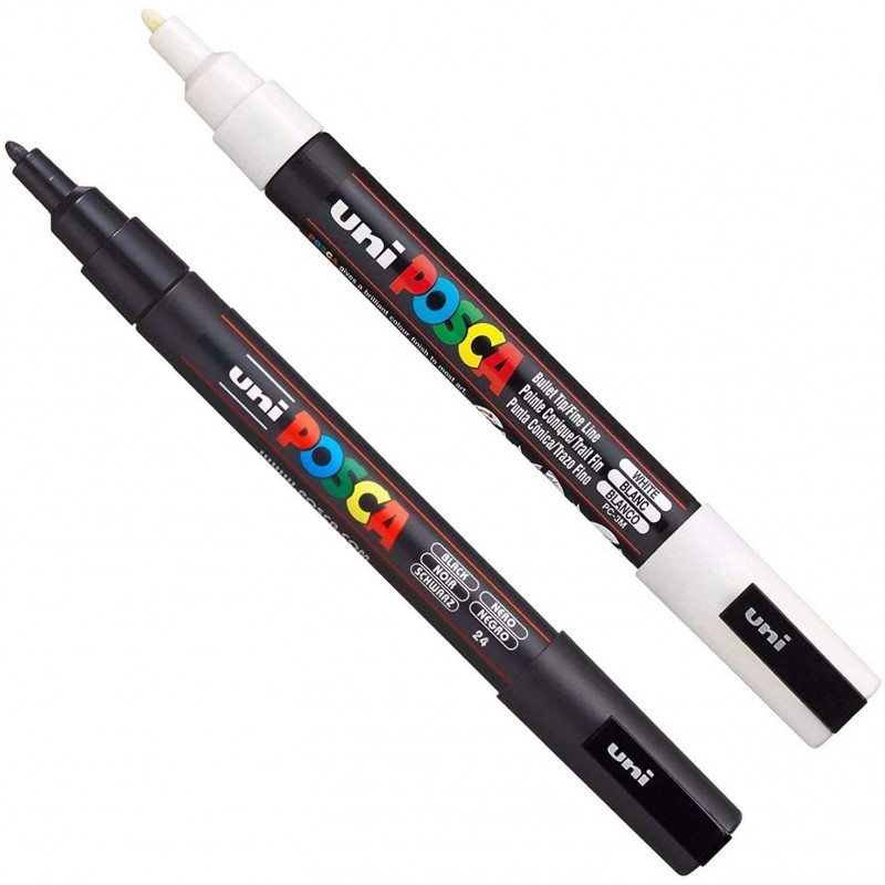 Lot de 2 marqueurs Posca PC-3M de peinture pour tissu, verre, métal, noir et blanc (1 de chaque) pas cher