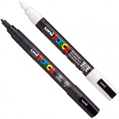 Lot de 2 marqueurs Posca PC-3M de peinture pour tissu, verre, métal, noir et blanc (1 de chaque) pas cher