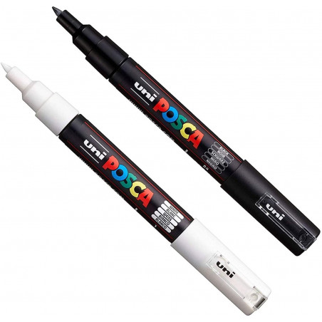 SET DE 2 MARQUEURS PC1MC BLANC ET NOIR POINTE EXTRA FINE - POSCA pas cher