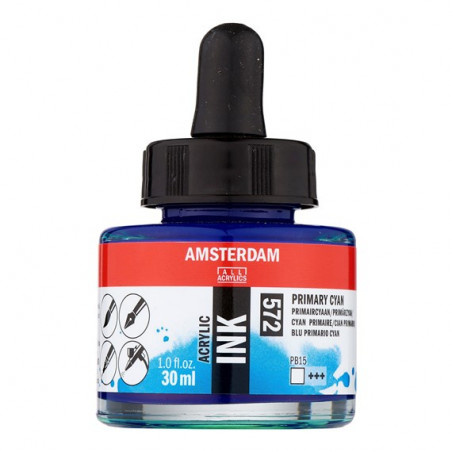 photo-Encre - Acrylique - Cyan primaire - 572 - Amsterdam - Flacon 30ml - Beaux-arts