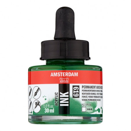 photo-Encre - Acrylique - Vert permanent foncé - 619 - Amsterdam - Flacon 30ml - Beaux-arts