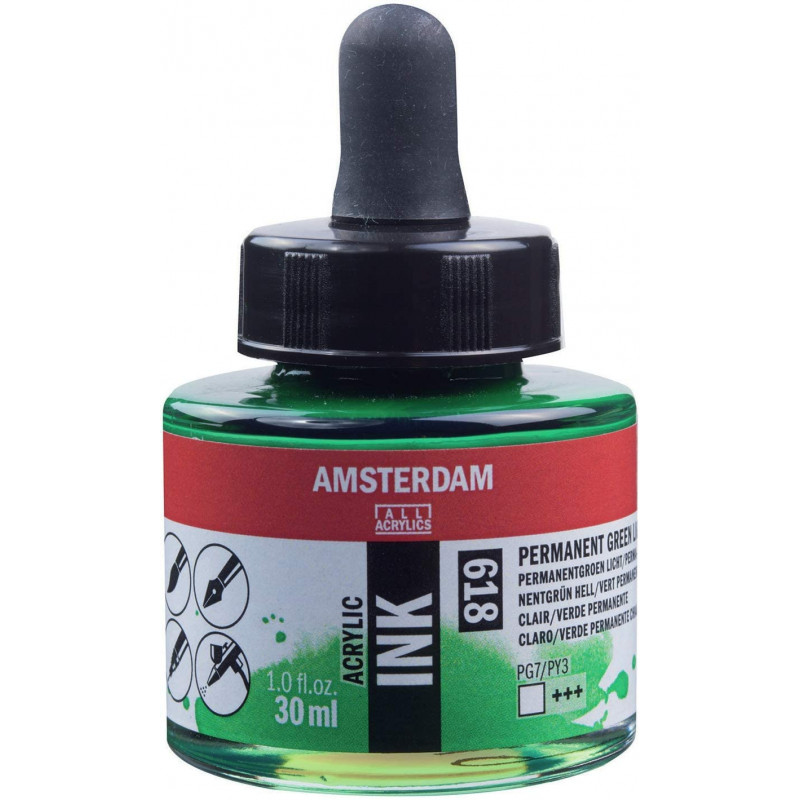 photo-Encre - Acrylique - Vert permanent clair - 618 - Amsterdam - Flacon 30ml - Beaux-arts