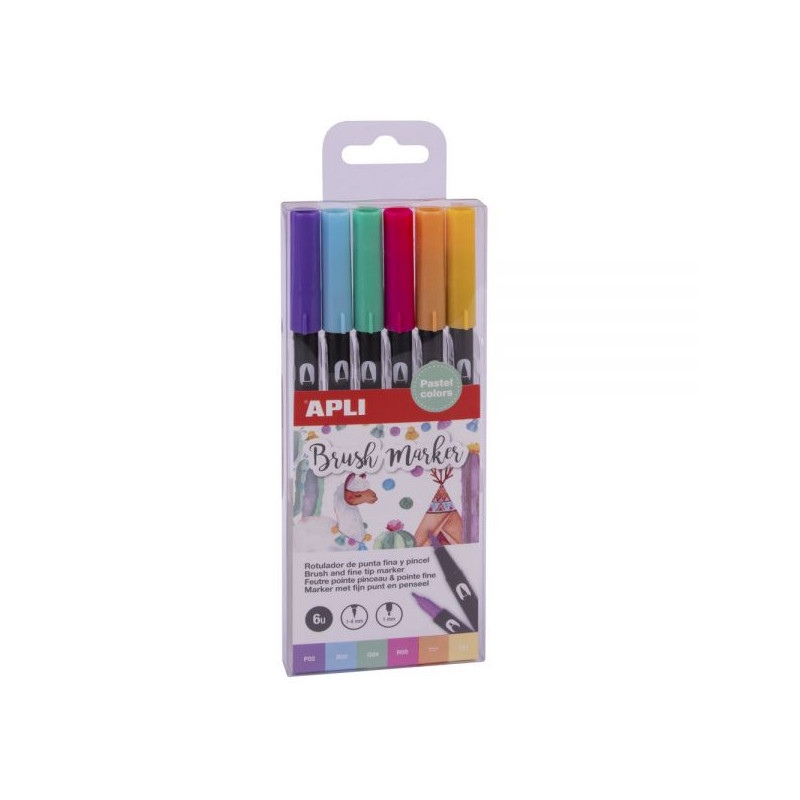 photo-Feutres - Double pointe pinceau et ronde - Aquarellable - 6 couleurs pastels - Brush marker - APLI