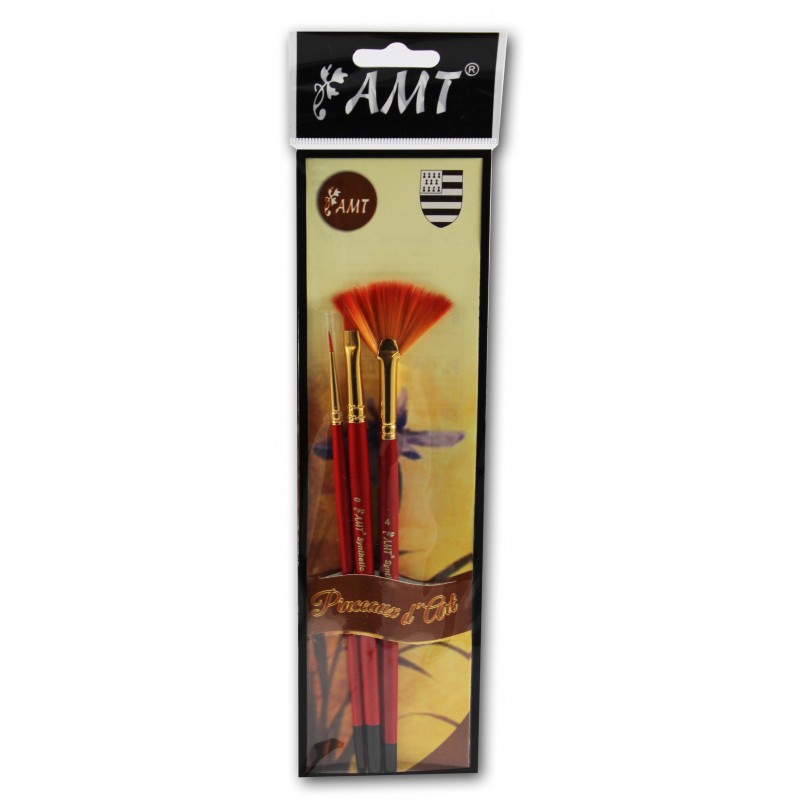 Lot de 3 pinceaux d'Art - Eventail n°4 - Rond n°0 - Plat n°0 - AMT