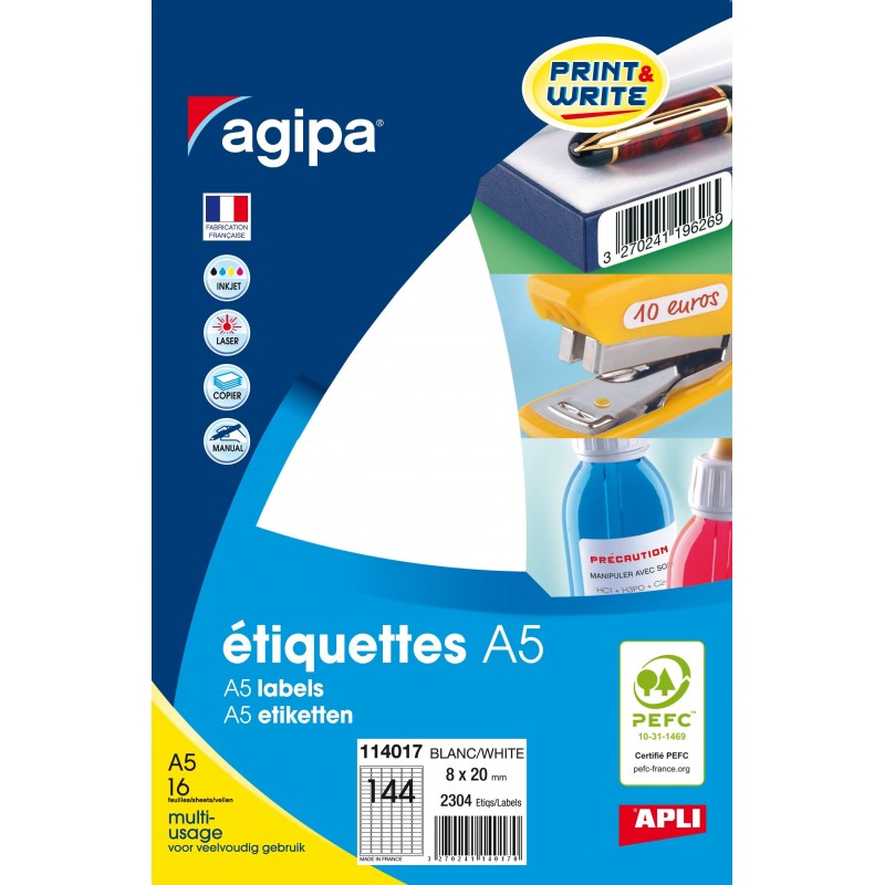 2304 étiquettes - A5 - 8x20mm - 144 étiquettes par planche - Agipa