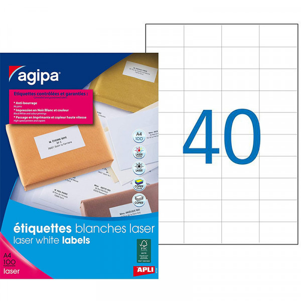 photo-4000 étiquettes - Blanches - 52,5x29,7mm - Agipa 119061 - Copieur, laser, jet d'encre
