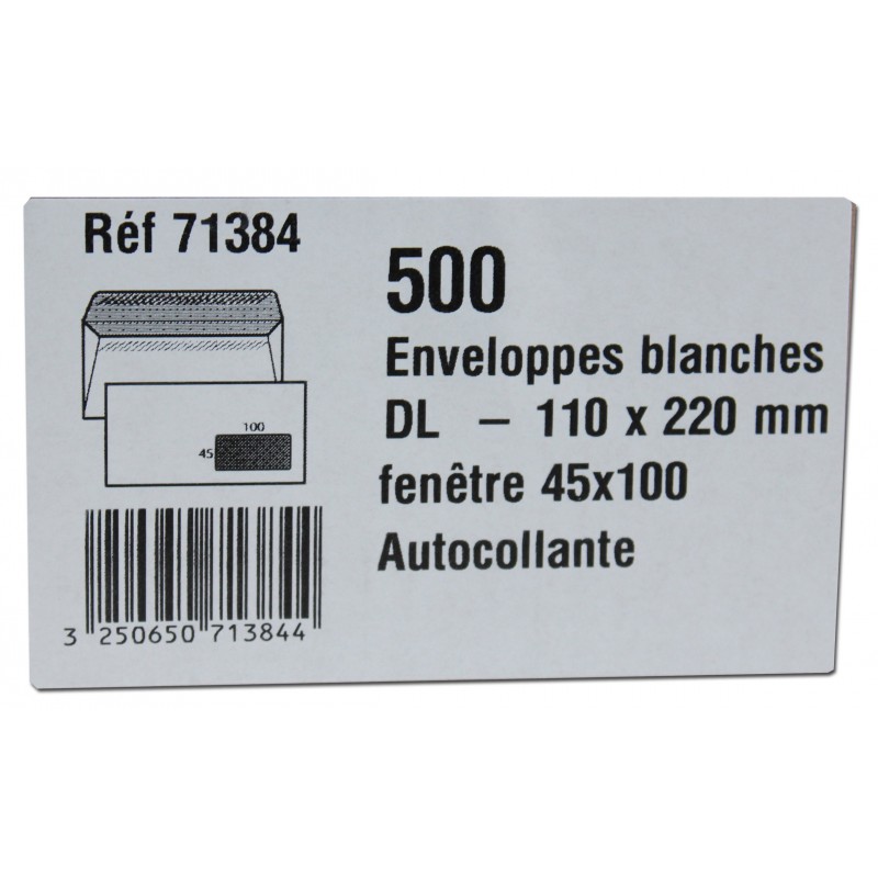 500 Enveloppes Blanches Dl À Fenêtre 45X100Mm Autocollante 110X220Mm Gpv 71384 | Surdiscount