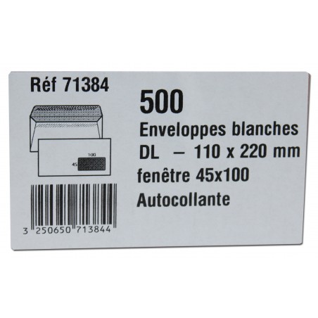 500 Enveloppes Blanches Dl À Fenêtre 45X100Mm Autocollante 110X220Mm Gpv 71384 | Surdiscount